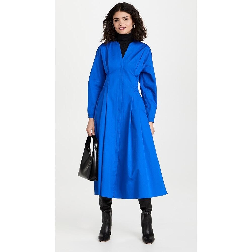 Tory Burch Blue Cotton Poplin V-Neck Pleated Long Sleeve Maxi Shirt Dress Size 6
